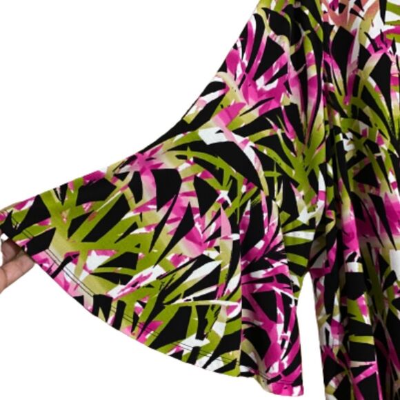 KASPER WOMEN’s VIBRANT MULTI TROPICAL LEAVES PRINT w/ 3/4 BELL SLEEVES TUNIC TOP - Picture 2 of 6